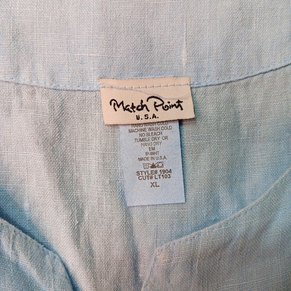 Match Point Shirt Top 100% Linen USA Made XL Blue Sleeveless Lightweight Vintage - Picture 2 of 3